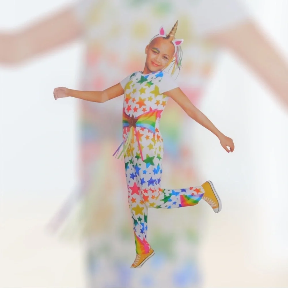 Kids Rainbow Stars Unicorn Costume Jumpsuit Headband 10-12 Large